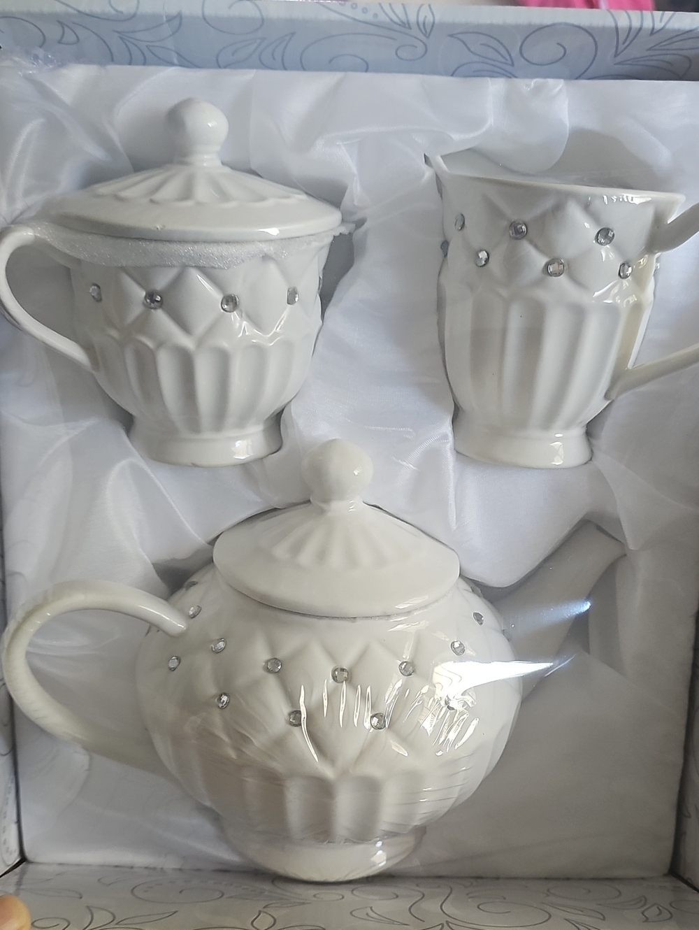 ($20 BUNDLED)Elegant White Ceramic Tea Set with Rhinestone Accents